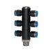 Riegler T-meervoudige verdeler »Blaue serie«, 6-voudig, draaibaar, R 1/8 a., voor slot-buiten-Ø 6 mm, werkdr. Maximale 15 bar, kunststof/MS vern.