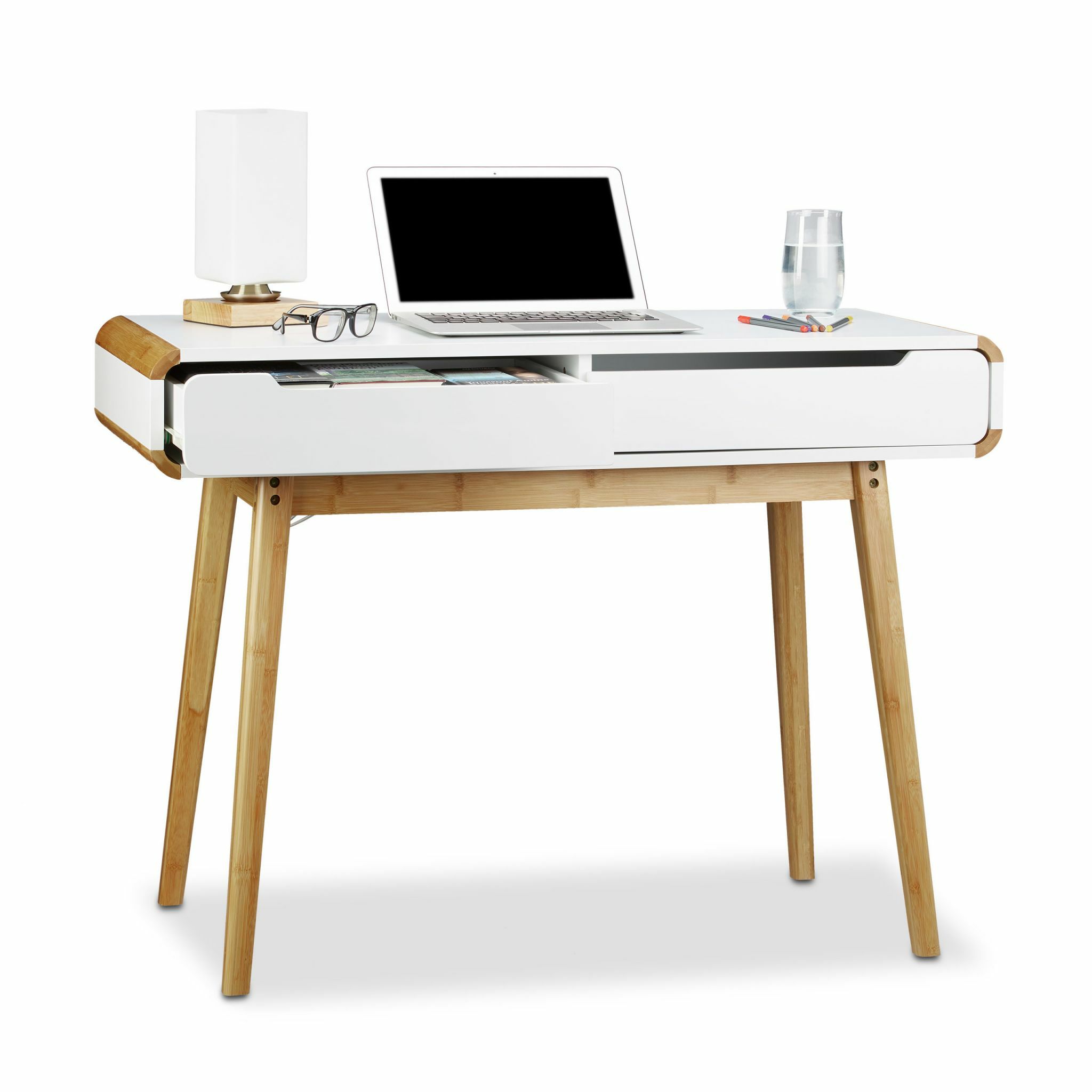 Relaxdays Bureau met laden - computertafel hout- computerbureau bamboe - Scandinavisch