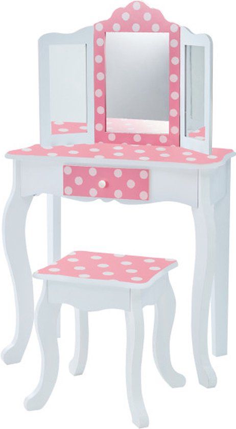 Teamson Kids Kaptafel en Stoel Voor Kinderen - Houten - Polka Dot - Roze/Wit
