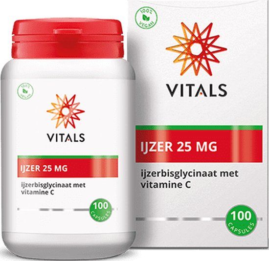Vitals IJzer 25mg - 100 Capsules - IJzerbisglycinaat met Vitamine C