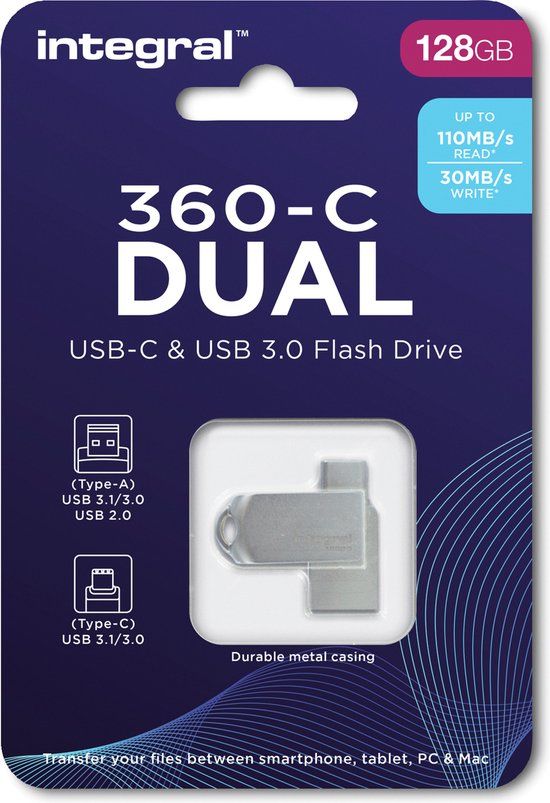 Integral 128GB 360-C Dual USB-C & USB 3.0 USB Flash Drive - Silver