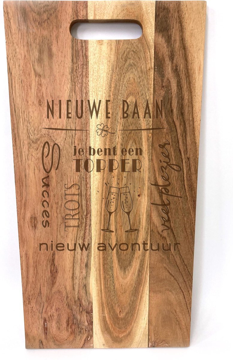 SandD-art Grote acacia snijplank-hapjesplank met tekst gravure : NIEUWE BAAN. Cadeau-nieuwe baan. Het formaat is 25x50cm