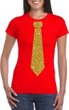 Bellatio Decorations Shoppartners Bv Rood fun verkleed t-shirt - met stropdas - in glitter goud - dames - korte mouwen XXL