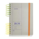 Miquelrius Schoolagenda 2025/2026, september tot augustus, formaat 164 x 218 mm, één dag per pagina, tweekleurige dubbele spiraalbinding, hardcover, sluiting met elastiek, Spaans/Engels/Portugees