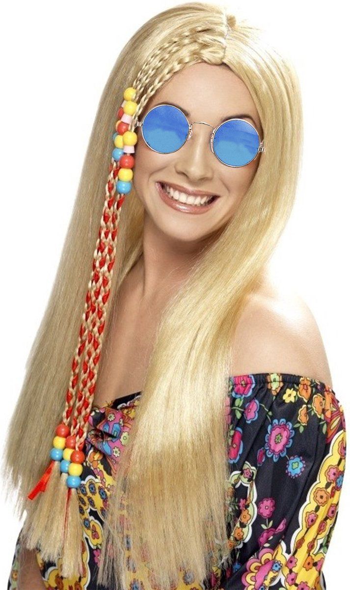 Smiffys Dames Flower Power Hippie Sixties Verkleed Set - Blonde Pruik & Blauwe Bril