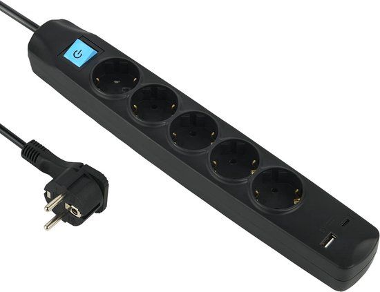 Electroline Electraline Stekkerdoos 5 stopcontacten USB A+C charger zwart