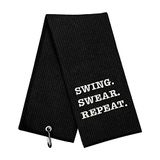 Grappige golfhanddoek, Swing Swear Repeat, golfcadeaus voor mannen - golfaccessoires voor mannen, geborduurde golfhanddoeken voor golftassen met clip, zwart