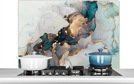 KitchenYeah Spatscherm - Blauw - Goud - Marmer print - Achterwand keuken - 100x65 cm