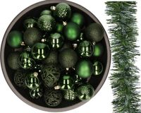 Kaemingk B.V. Décoration de Noël - vert foncé - 37x boules de Noël 6 cm et guirlande de Noël - plastique