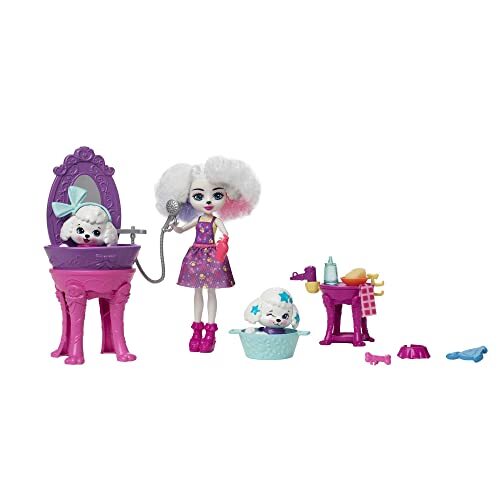 Enchantimals City Tails Perris Poodle's Schoonheidssalon - Pop met waterkleurverandering puppie speelset & 15+ Accessoires - Vanaf 4 jaar - HHC20