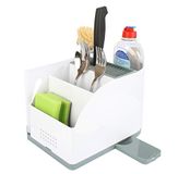 SEECODE 20176-5-in-1 keukengereedschap-organizer, keukenorganizer van kunststof, opberghulp voor gootsteen en keuken, universeel messenblok, voor bestek en keukenhulp, geschikt voor vaatwasser, wit/grijs