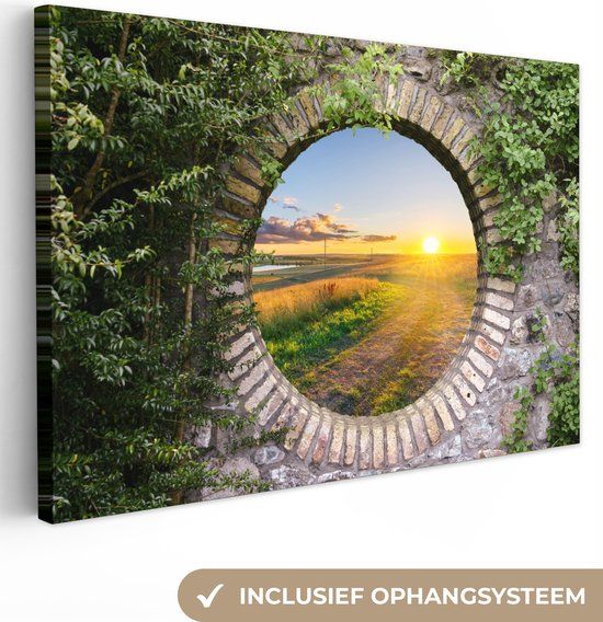 OneMillionCanvasses Canvas schilderij 140x90 cm - Platteland - Doorkijk - Zon - Rechthoek - Modern