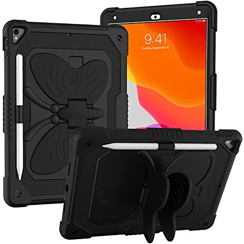 Spzhike Beschermhoes voor iPad 10,2 inch 9a/8a/7a Gen 2021/2020/2019, met penhouder, robuust, schokbestendig, met schouderriem en vlinderhouder voor iPad 10,2 inch, zwart