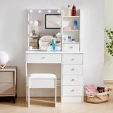 Table de toilette avec miroir - Table de maquillage - Optimiser la routine beauté - Éclairage LED réglable - 4 tiroirs - Blanc