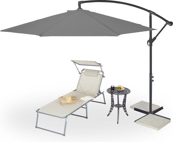 Zweefparasol Ø 300 cm - Grijs - Met Hoes en Voet - Kantelbaar