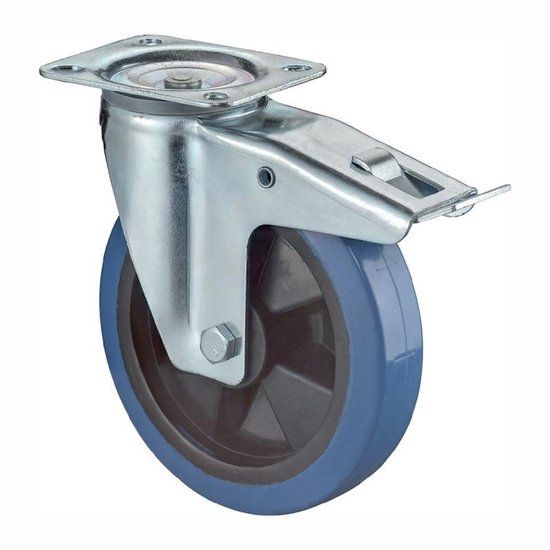 BS Rollen Zwenkwiel met rem en schroefplaat Elastisch massief rubberen wiel d. 125 mm draagvermogen 140 kg kunststof 115x85 mm Blauw/Zilver