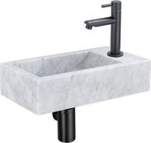 Saniclass Fuente fonteinset – rechthoekig – 40x22x10 cm – natuursteen wit – mat zwarte kraan