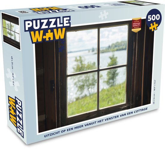 MuchoWow Puzzel Uitzicht op een meer vanuit het venster van een cottage - Legpuzzel - Puzzel 500 stukjes