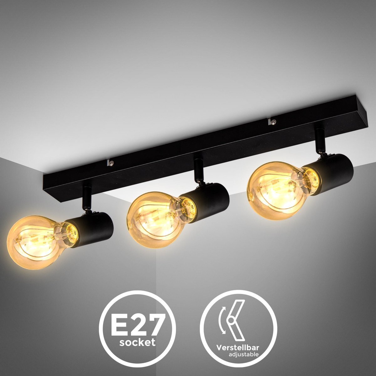 B.K.Licht - Plafondlamp - plafondspot met 3 lichtpunten - zwarte spotjes - industrieel - draaibar - kantelbaar - opbouwspots - plafoniere - excl. E27