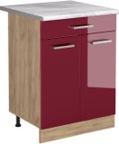 Vicco Keukenonderkast R-Line, Rode hoogglans/Goudkleurig Eiken, 60 cm met lade marmer werkblad