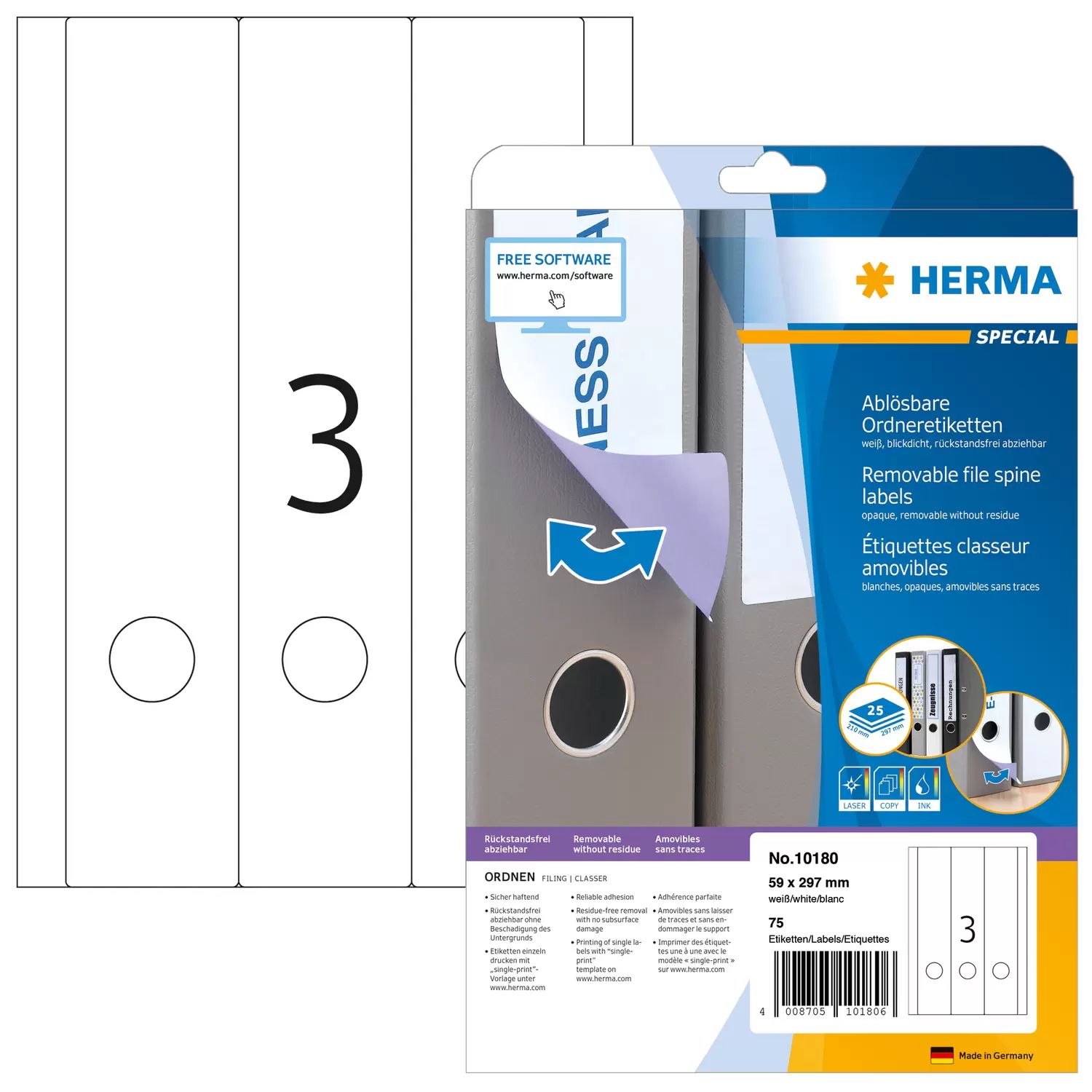 HERMA Removable File Labels - A4 - 59x297mm - White - 75 pcs