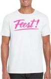 Bellatio Decorations Verkleed T-shirt voor heren - feest - wit - roze glitter - carnaval S