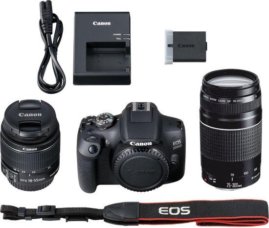 Canon EOS 2000D Spiegelreflexcamera Kit + 18-55 IS II + 75-300 III + Tas + 16GB SD-kaart