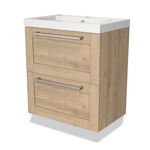 Maxaro Badkamermeubel 60cm Modulo Slim Lichtbruin Eiken 2 Lades Kader Wastafel Mineraalmarmer