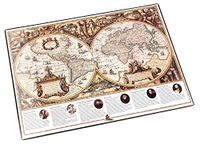Läufer 45349 Landkaart-bureau-onderlegger wereldantiek, antislip onderlegger met antieke wereldkaart, 40 x 53 cm, met transparant zijvak