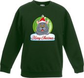 Bellatio Decorations Shoppartners Bv Kersttrui Merry Christmas Grijze Kat / Poes Kerstbal Groen Jongens en Meisjes - Kerstruien Kind 110/116