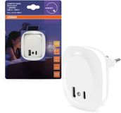 Osram LUNETTA EDGE plug-in nachtlamp, wit, 0,35W, 10lm, warm wit licht, daglichtsensor, USB-A & USB-C poort, LED technologie, oplaadfunctionaliteit, lange levensduur, IP20, 3000K.