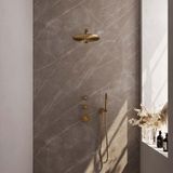 Brauer Gold Carving Thermostatische Regendoucheset Inbouw - Hoofddouche 30 cm - Rechte Wandarm - Handdouche Staaf - Doucheslang - Wandaansluitbocht - Geborsteld Goud