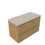 Saniclass Holz Pure meuble de salle de bain - 100x45x63cm - Plateau en pierre naturelle Travertin - 1 trou de robinetterie - 2 tiroirs - chêne mat naturel (bois)