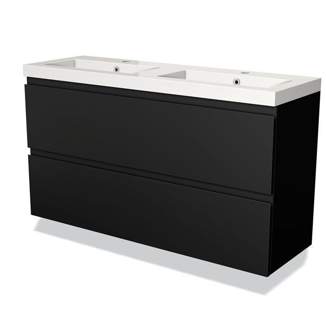 Maxaro Badkamermeubel 120cm Modulo Slim Mat Zwart 2 Lades Greeploos Wastafel Mineraalmarmer
