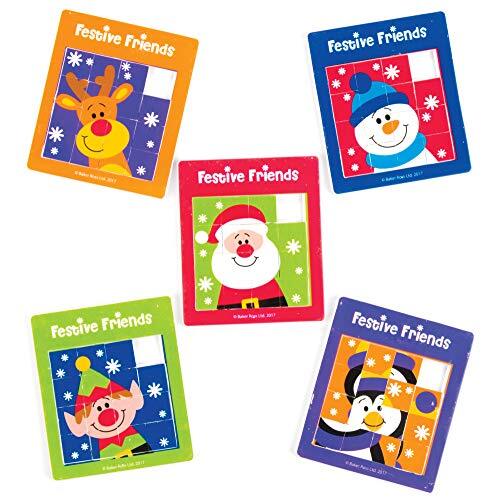 Baker Ross Festive Friends Mini Sliding Puzzle Games Value Pack - Nieuw kerstspeelgoed voor kinderen, perfect feest, buit, prijzentas en kousvuller (pakket van 5)