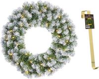 Mica Decorations Couronne de Noël/couronne de porte verte avec éclairage 30 lampes et neige 60 cm avec pendentif doré
