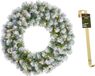 Mica Decorations Kerstkrans/deurkrans groen met verlichting 30 lampjes en sneeuw 60 cm met gouden hanger