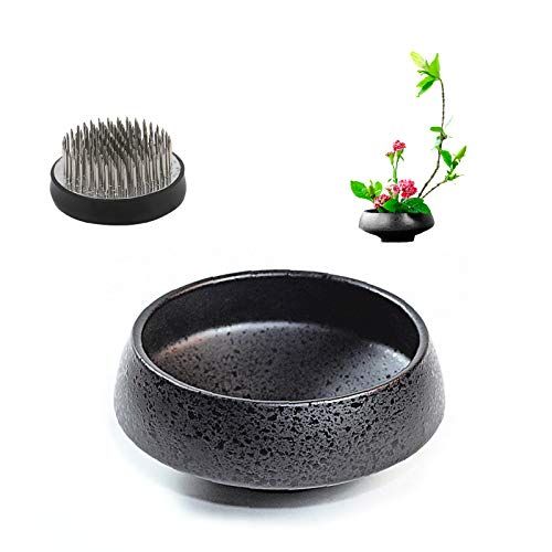 WANDIC Bloemschikken benodigdheden, ronde bloemkikker en zwarte keramische ikebana vazen voor Ikebana bloemenarrangement kunst woondecoratie, komvorm zwart gevlekt