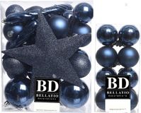 Bellatio Decorations kerstballen - set 49x - kunststof - donkerblauw - ster piek - glanzend mat glitter - verschillende maten