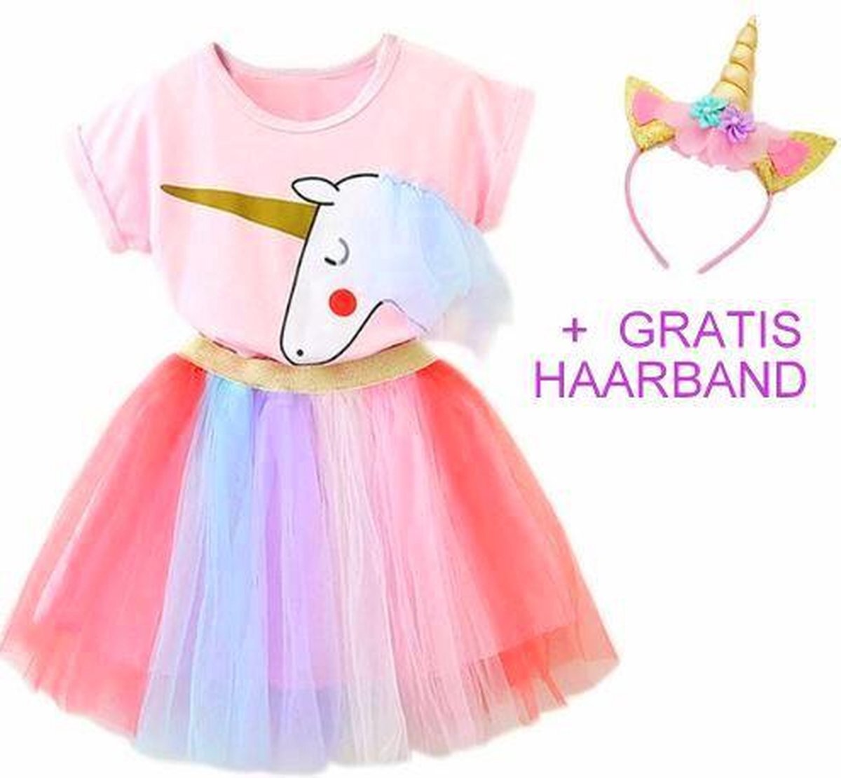 Spaansejurk NL Eenhoorn Meisjes Jurk Tutu Met Gratis Haarband - roze - Maat 104/110