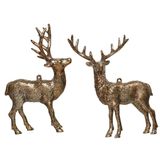 Bellatio Decorations Kersthangers - 2x - hertje - met glitters - koperbruin - 14 cm - Herten dieren thema kerstboomhangers