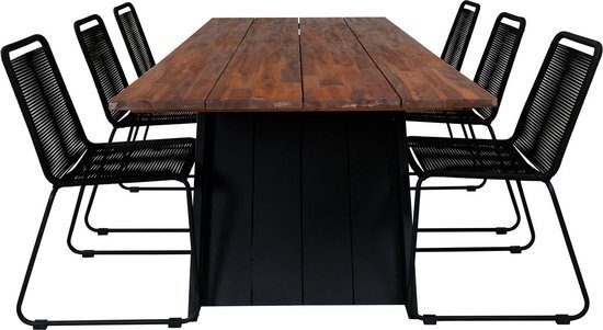Hioshop Doory tuinmeubelset tafel 100x250cm en 6 stoel stapel Lindos zwart, naturel.