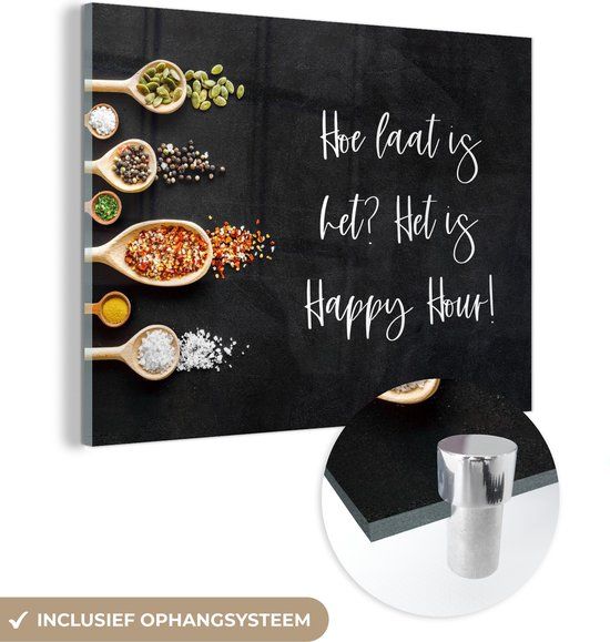 MuchoWow® Glass Painting 80x60 cm - Acrylic Glass Painting - What time is it? It's Happy Hour! - Kitchen - Sayings - Quotes - Herbs - Photo on glass - Paintings