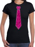 Bellatio Decorations Verkleed shirt dames - pailletten stropdas - roze/zwart - XS