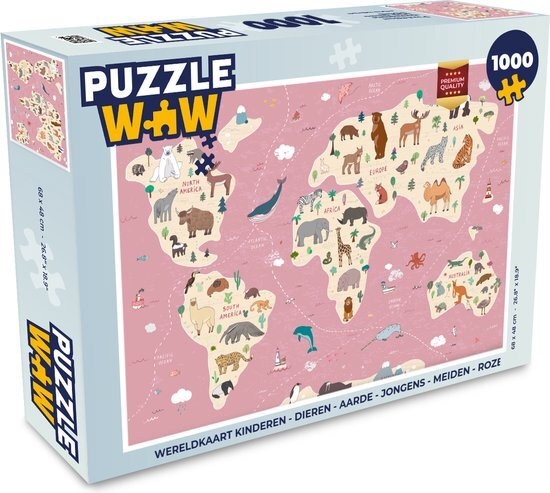 MuchoWow Puzzel Wereldkaart kinderen - Dieren - Aarde - Jongens - Meiden - Roze - Legpuzzel - Puzzel 1000 stukjes volwassenen - Sinterklaas cadeautjes - Sinterklaas voor grote kinderen