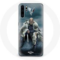 Maniacase Hoesje voor Huawei P30 Pro Vikings Series Seizoen 6 Ragnar Lothbrok logo V Zwaard Grijs Mist Achtergrond