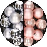 Merkloos / Sans marque Kaemingk B.V. 24x stuks kunststof kerstballen mix van zilver en lichtroze 6 cm