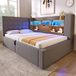 STILVORA Gestoffeerd Bed 90x200 cm – Eenpersoonsbed met L-vormig Hoofdbord – LED & USB Snel Laden – Hydraulische Opbergruimte – Linnen – Grijs – Zonder Matras
