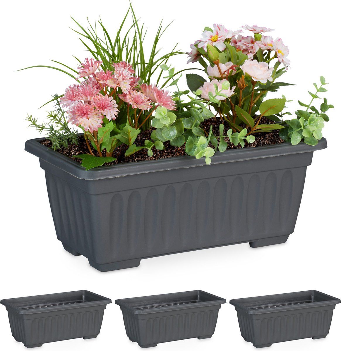 Relaxdays Balkonbak set van 4 - plantenbak - rechthoekig - kunststof - antraciet