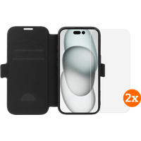 BlueBuilt Apple iPhone 16 Book Case Leer Zwart + Screenprotector Glas Duo Pack
